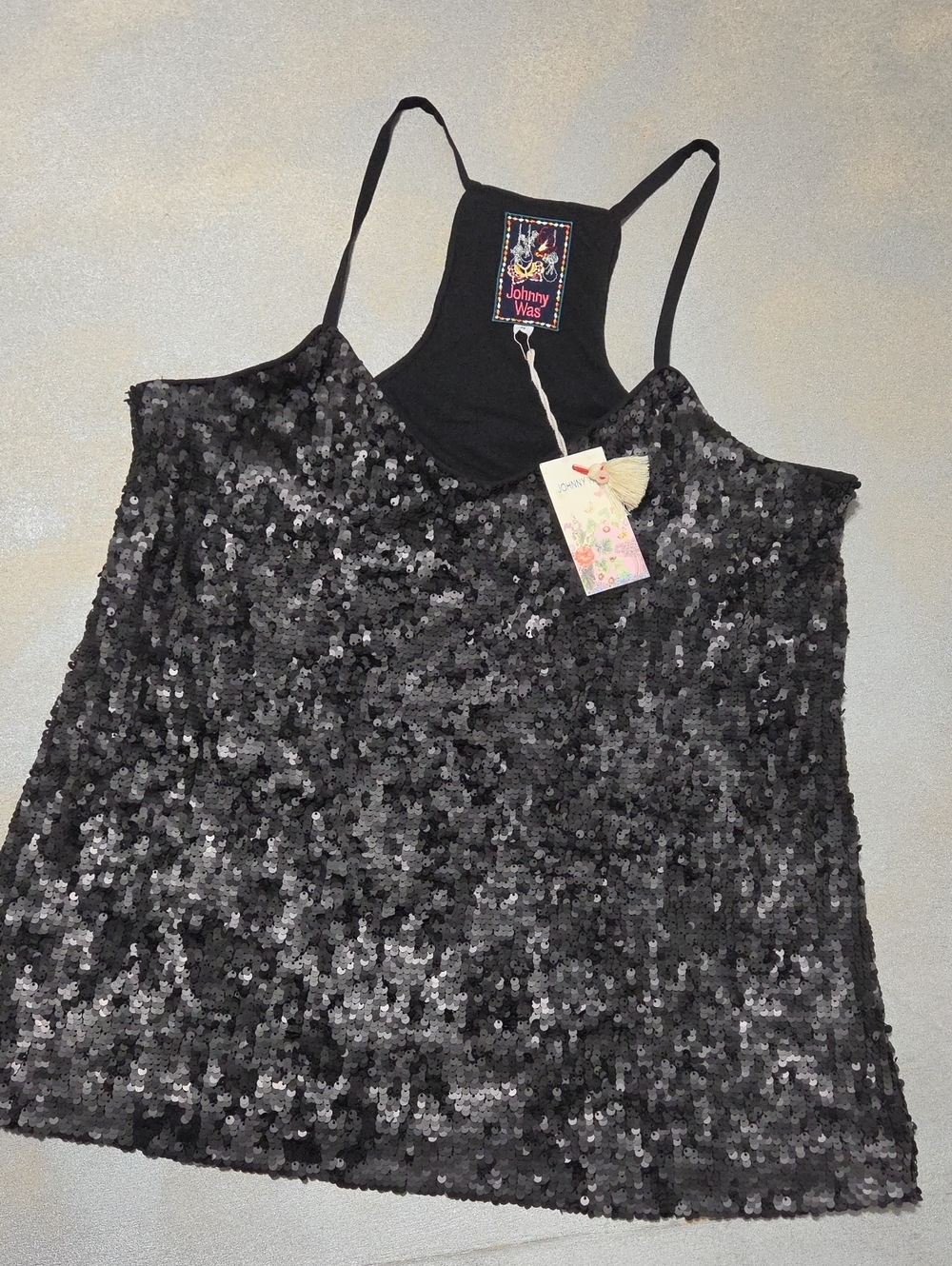 Johnny Was Black Sequin Racerback Camisole BRAND NEW OVERSIZED